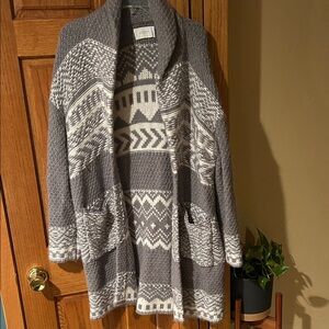 Lucky Brand Women’s Grey off white Fair Isle Cardigan Sweater Coat w/Pockets XL